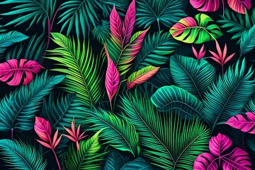 Fototapeta na wymiar creative fluorescent, neon color layout made of tropical leaves. nature concept. ai generative