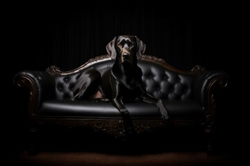 Purebred black dog lying on the classic style vintage leather sofa, on a dark studio background.