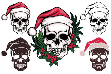 Skull Santa hat with Flower Bundle, Skull with Hat, Christmas Skull, Christmas, Christmas Clipart, Skull Silhouette Cut Files