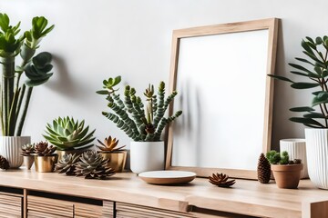 stylish and botany interior of living room with mock up poster frame, wooden accessories, succulents, forest cones, plants, notes and personal stuff. minimalistic and botanical home