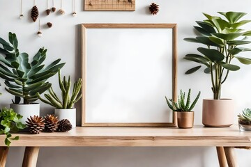 **stylish and botany interior of living room with mock up poster frame, wooden accessories, succulents, forest cones, plants, notes and personal stuff. minimalistic and botanical home