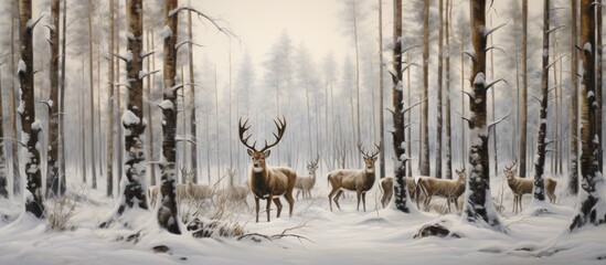 Deer in snowy forest. cool color. wild nature.