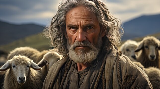shepard man portrait with many sheep in the background