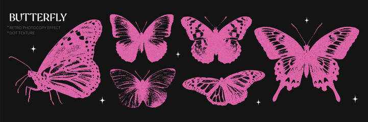 Pink butterflies with a retro photocopy effect. Y2k elements for design. Grain effect and stippling. Vector dots texture. 