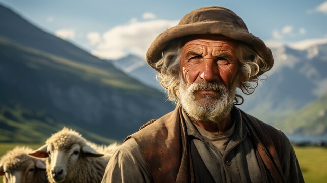 shepard man portrait with many sheep in the background