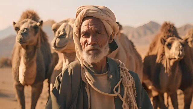 Arab shepherd of the camels standing in the desert, arabian farmer concept. Generative Ai	