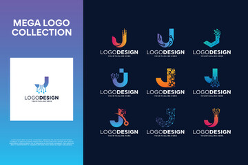 Set of creative letter J logo design. Abstract symbol for digital technology - obrazy, fototapety, plakaty