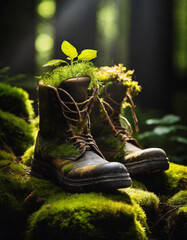 A weathered army boots, engulfed by vibrant green moss, lies half-buried in a forest, symbolizing the passage of time and the merging of human artifacts with nature.