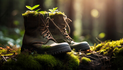 A weathered army boots, engulfed by vibrant green moss, lies half-buried in a forest, symbolizing the passage of time and the merging of human artifacts with nature. - obrazy, fototapety, plakaty