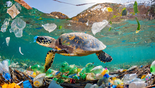 Green sea turtle swimming in plastic waste