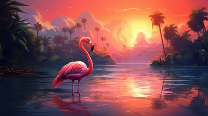 flamingo in the water under sunset