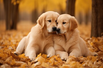 Two cute fluffy dogs sit together in a sunny fall garden