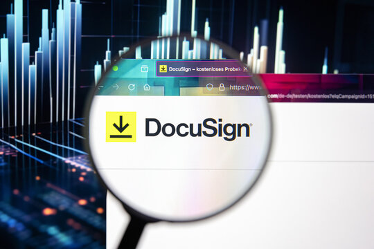 DocuSign company logo on a website with blurry stock market developments in the background, seen on a computer screen through a magnifying glass.	