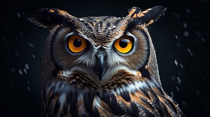 great horned owl face close up in black background