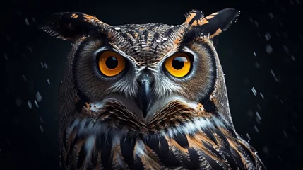 Zelfklevend Fotobehang great horned owl face close up in black background © rai stone