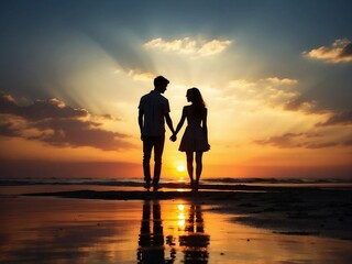 Silhouettes of young romantic couple sunset sea digital ai