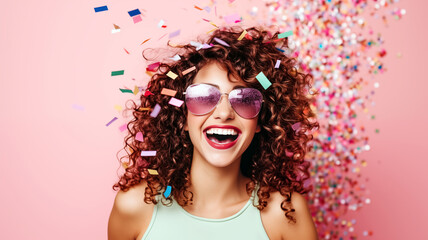 Happy curly woman in pink coloured sunglasses laughing during confetti shower in front of pink background in studio. Fun atmosphere.