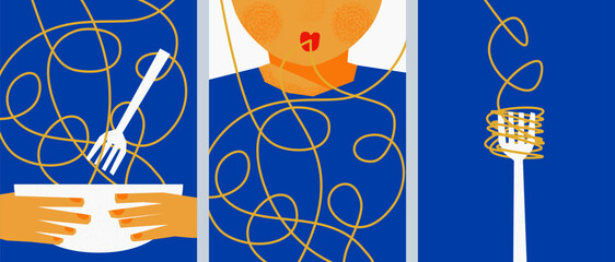 Spaghetti on a fork. Spaghetti on a plate. Eating delicious Italian food. A set of abstract posters. The design of the restaurant menu. Trend flat vector illustration