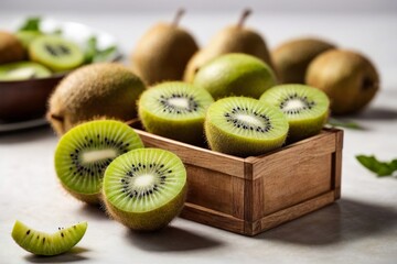 A Wooden Box Filled With Kiwis on Top of a Table