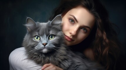 Heartwarming bond between Maine Coon kitty cat and pretty female owner sharing a gentle hug. Close-up portrait on a dark background.