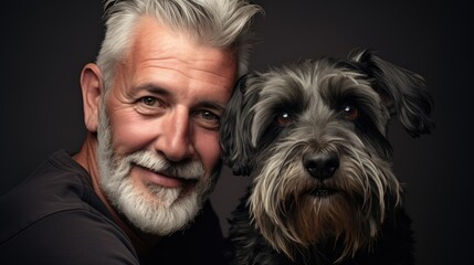 Man's best friend: older Schnauzer purebred dog and his owner, companions for life. Portrait showing timeless bond and great loyal friendship.