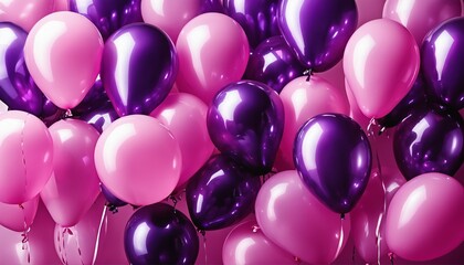 Beautiful purple and pink balloons in various birthday shapes, no background, set against white