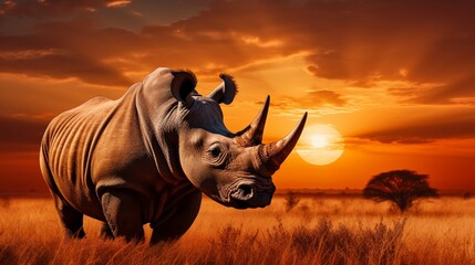 rhino in fields under sunset