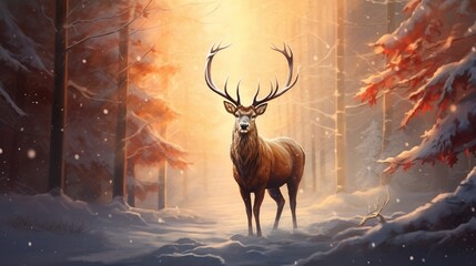 deer in the forest where trees are covered with snow - obrazy, fototapety, plakaty
