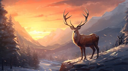 deer in the mountains under sunset