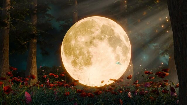 Full Moon In The Forest With Pine Trees, Red flowers, and Blue Butterfly Flying In The God Rays At Night, Loop Animation