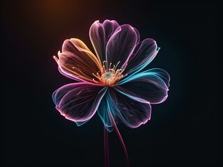 transparent flower, glowing lines, black background, for design, isolated