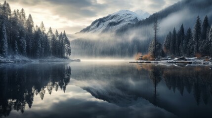 Fototapeta na wymiar Silvery winter reflections in the alpine lake at dawn with magical misty atmosphere.