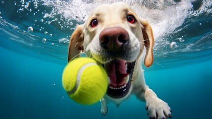 golden retriever playing with ball under water in swimming pool 