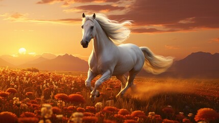 Obraz na płótnie Canvas White horse running in the field under the sunset