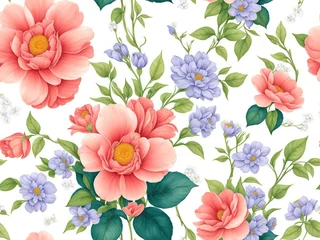 Fotobehang Watercolor flowers seamless pattern background, flowers made from watercolor paint splashes on white. © Cobalt