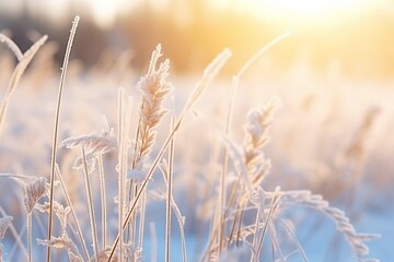 Natural background with field with dry grass covered shiny transparent crystals of cold frost and snow cover in winter Sunny morning