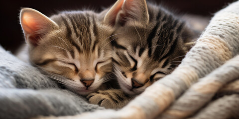 Adorable tabby kittens close up nestled together on a soft, textured blanket. They are sleeping peacefully, with their bodies curled up close to each other in a comforting embrace with copy space