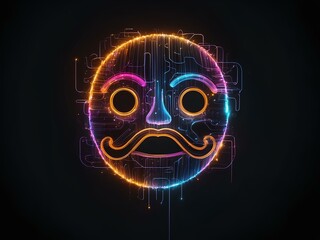 transparent funny face, glowing lines, black background, for design, isolated