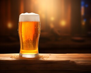 Realistic Beer Glass on Table with Blurred Background