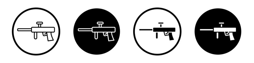 Outdoor paintball gun vector icon set in black filled and outlined style.