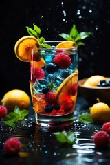 cocktail with fruits with lemons, oranges, berries, and ice in a dark background 