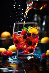 cocktail with fruits with lemons, oranges, berries, and ice in a dark background 