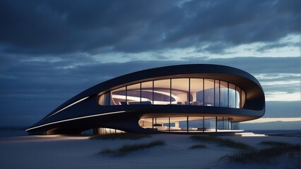 dune house modern exterior on the desert at night background photo