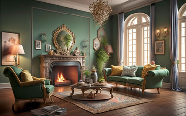 Mediterranean style home interior design of modern living room coffee table, generative ai