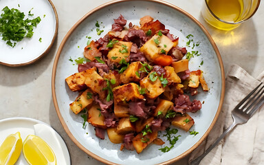 Capture the essence of Corned Beef Hash in a mouthwatering food photography shot Generative AI - obrazy, fototapety, plakaty