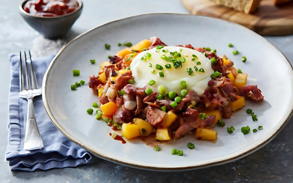 Capture the essence of Corned Beef Hash in a mouthwatering food photography shot Generative AI