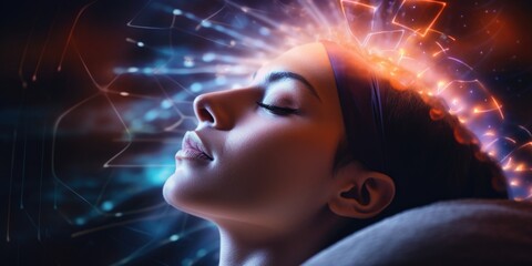 A woman with her eyes closed looking up. Sleep optimization, cognition enhancement.