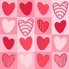 Geometric hand draw Valentine's Day seamless pattern of hearts in doodle style. Pink and red colors.