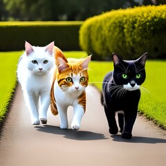 three cats in the garden
