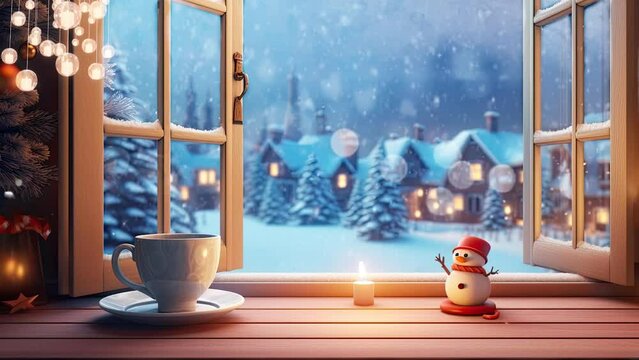Christmas decorations on windows with snowman and cup of coffee at night during snowfall.   seamless looping time-lapse virtual video 4k animation background.	